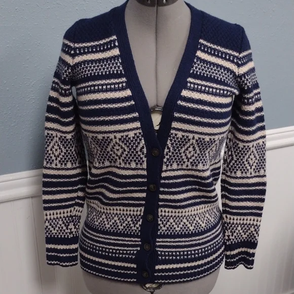 Madewell 100%Merino Wool Navy and Cream Striped Cardigan, Farm, Vacation, Y2K - Picture 1 of 12